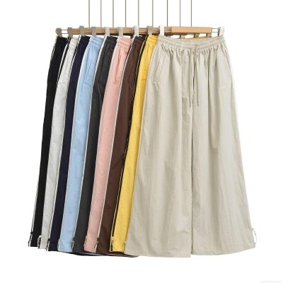 Women's Wide Leg Cargo Pants Elastic High Waist Drawstring Casual Trousers Side Stripe Loose Fit Polyester Lightweight Streetwear Outdoor Jogger Pants