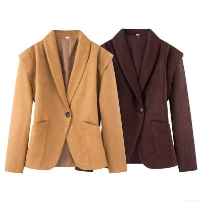 Women's Faux Suede Blazer Jacket Slim Fit Shawl Collar Long Sleeve Solid Color Autumn Winter Streetwear Outerwear