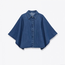 Women's Loose Denim Style Cape Shirt Turn-down Collar Batwing Sleeve Single Breasted Blouse Streetwear Casual Deep Blue Polyester Top