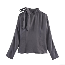 Women Elegant Grey Satin Mock Neck Blouse Mock Neck Shoulder Slit Bow Tie Long Sleeve Pullover Fashion Streetwear Shirt for Autumn Daily Dating
