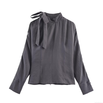 Women Elegant Grey Satin Mock Neck Blouse Mock Neck Shoulder Slit Bow Tie Long Sleeve Pullover Fashion Streetwear Shirt for Autumn Daily Dating