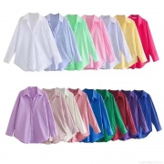 Women Oversized Poplin Shirt Casual Long Sleeve Polo Neck Blouse Solid Color Stripe Polyester Cotton Blend Top For Women Daily Office Wear Comfort Loose Fit Fashion Shirt