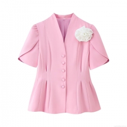 Women Elegant Pink V-Neck Short Sleeve Blazer Top With 3D Flower Decoration Waist Slimming Summer Office Commuter Suit Jacket Fashion Outerwear