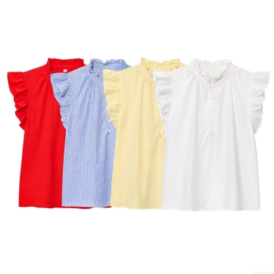 Women Sleeveless Ruffle Stand Collar Blouse 100% Polyester Sweet Striped Solid Summer Top Shirt For Daily Casual Vacation