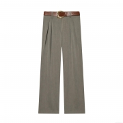 Women's High Waist Straight Leg Pants With Brown Leather Belt Polyester Blend Core-spun Yarn Twill Long Trousers Office Casual Versatile Elegant Bottoms For Ladies