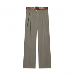 Women's High Waist Straight Leg Pants With Brown Leather Belt Polyester Blend Core-spun Yarn Twill Long Trousers Office Casual Versatile Elegant Bottoms For Ladies