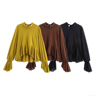 Women's Elegant Chiffon Long Sleeve Blouse Loose Ruffle Hem Stand Collar Back Tie Top Solid Color Casual Commute Shirt