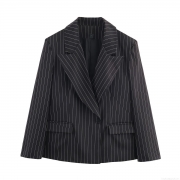 French Chic Women's Pinstripe Polyester Blazer Notched Lapel Single Button Long Sleeve Office Commuter Suit Jacket Outwear With Pockets