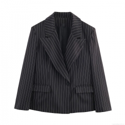 French Chic Women's Pinstripe Polyester Blazer Notched Lapel Single Button Long Sleeve Office Commuter Suit Jacket Outwear With Pockets