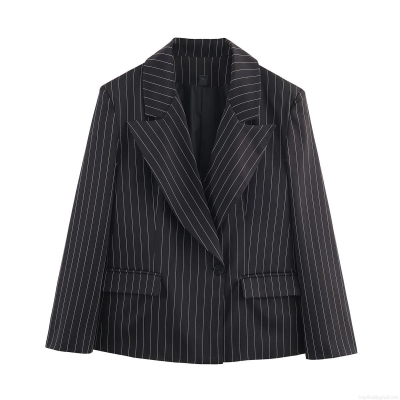 French Chic Women's Pinstripe Polyester Blazer Notched Lapel Single Button Long Sleeve Office Commuter Suit Jacket Outwear With Pockets