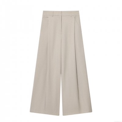 Women High Waist Wide Leg Trousers Polyester Woven Pleated Front Pants With Pockets Office Commute Casual Fashion Full Length Straight Slacks For Lady