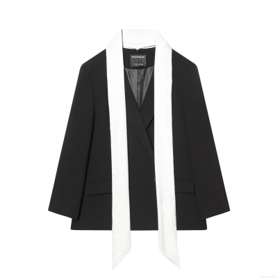 Women Elegant Color Block Blazer Jacket Contrast White Scarf Neck Long Sleeve Single Button Office Suit Outerwear Formal Party Evening Fashion Coat