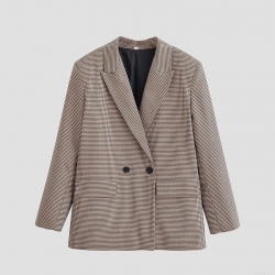 Women's Vintage Houndstooth Blazer Jacket Double Breasted Loose Fit Polyester Outerwear For Winter Commuting Office Lady Coat