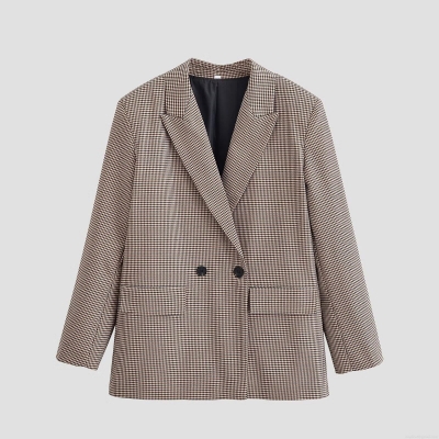 Women's Vintage Houndstooth Blazer Jacket Double Breasted Loose Fit Polyester Outerwear For Winter Commuting Office Lady Coat