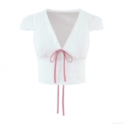 Women's White Cotton Eyelet Embroidery V Neck Crop Top Blouse With Red Gingham Tie Bow French Retro Sweet Short Sleeve Shirt For Summer Daily