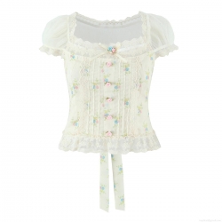 French Pastoral Floral Lace Chiffon Blouse For Women Square Neck Puff Sleeve Retro Sweet Crop Top Summer Casual Elegant Mesh Stitching Shirt