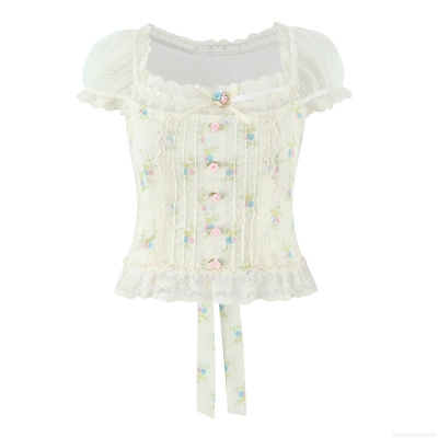 French Pastoral Floral Lace Chiffon Blouse For Women Square Neck Puff Sleeve Retro Sweet Crop Top Summer Casual Elegant Mesh Stitching Shirt