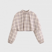 Women's Layered Cape Plaid Blouse Long Sleeve Mock Neck Pullover 100% Polyester Elegant Casual Plaid Top For Women