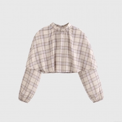 Women's Layered Cape Plaid Blouse Long Sleeve Mock Neck Pullover 100% Polyester Elegant Casual Plaid Top For Women