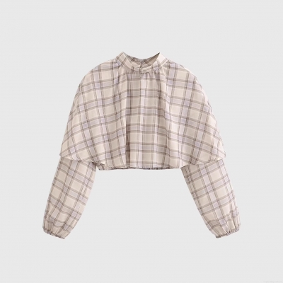 Women's Layered Cape Plaid Blouse Long Sleeve Mock Neck Pullover 100% Polyester Elegant Casual Plaid Top For Women