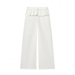 Women High Waist Ruffle Wide Leg Pants With Metallic Buckle Belt Casual Nylon Crinkle Solid White Long Trousers Loose Fashion Bottoms for Ladies