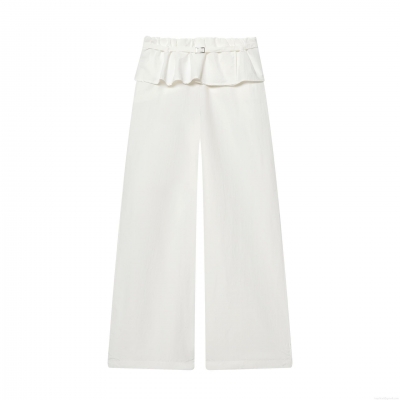 Women High Waist Ruffle Wide Leg Pants With Metallic Buckle Belt Casual Nylon Crinkle Solid White Long Trousers Loose Fashion Bottoms for Ladies