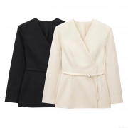 Women's Elegant V-Neck Blazer Jacket Polyester Blend Long Sleeve Slim Fit Suit Coat With Waist Belt Solid Color For Office Casual