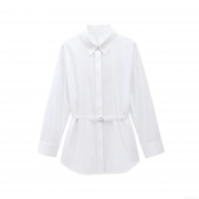 Women's Elegant Poplin Long Sleeve Shirt With Waist Belt Metal Ring Slim Fit Solid White Button Down Blouse For Office Commute Party Clothing