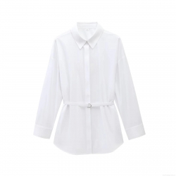 Women's Elegant Poplin Long Sleeve Shirt With Waist Belt Metal Ring Slim Fit Solid White Button Down Blouse For Office Commute Party Clothing