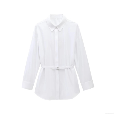 Women's Elegant Poplin Long Sleeve Shirt With Waist Belt Metal Ring Slim Fit Solid White Button Down Blouse For Office Commute Party Clothing
