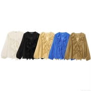 Women's Elegant V-Neck Cascading Ruffle Chiffon Blouse Solid Color Long Sleeve Tencel Shirt Casual Loose Top for Party Daily