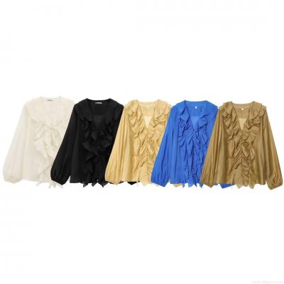 Women's Elegant V-Neck Cascading Ruffle Chiffon Blouse Solid Color Long Sleeve Tencel Shirt Casual Loose Top for Party Daily