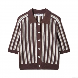 Women's Vintage Striped Knit Polo Shirt Short Sleeve Button Down Cardigan Top Retro Casual Lapel Collar Polyester Knitwear For Women Daily Streetwear