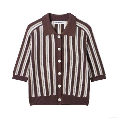 Women's Vintage Striped Knit Polo Shirt Short Sleeve Button Down Cardigan Top Retro Casual Lapel Collar Polyester Knitwear For Women Daily Streetwear