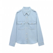 Women's Casual Light Blue Denim Shirt Long Sleeve Lapel Button Down Top With Double Pockets Shoulder Straps Cotton Blend Fashion Blouse Spring Autumn