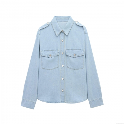 Women's Casual Light Blue Denim Shirt Long Sleeve Lapel Button Down Top With Double Pockets Shoulder Straps Cotton Blend Fashion Blouse Spring Autumn