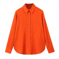 Women's Satin Silky Long Sleeve Blouse Fashionable Orange Lapel Collar Button Up Shirt With Drawstring Back Casual Office Party Plain Tops