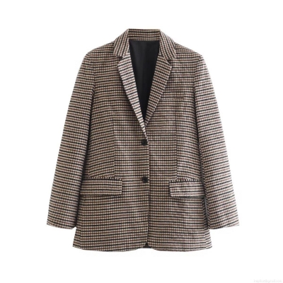 Women's Vintage Houndstooth Blazer Loose Fit Single Breasted Plaid Jacket 100% Polyester Long Sleeve Commuter Office Outerwear With Pockets