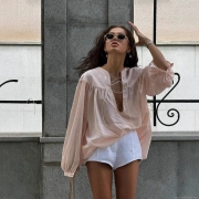 Women Sexy See Through V Neck Tie Front Blouse Lightweight Pleated Long Lantern Sleeve Shirt Peach Pink Chiffon Casual Vacation Tops For Ladies