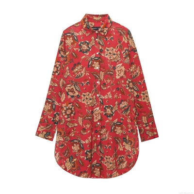 Women's Fashion Casual Long Sleeve Floral Printed Shirt Vintage Polyester Blend Button Down Longline Blouse Top For Daily Wear Streetwear