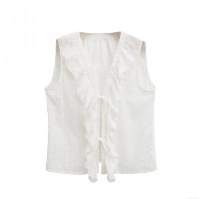 Women's White Sleeveless Shirt Cotton Hollow Out Embroidery Ruffle Vest Top French Romantic V-Neck Lace-Up Blouse For Summer Daily Vacation