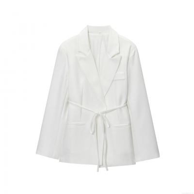 Women's Elegant Polyester Blend Blazer Jacket With Waist Tie Belt Notched Lapel Long Sleeve Casual Commuter Suit Coat For Office Lady Work Party