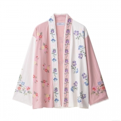 Women Vintage Floral Embroidered Blouse Long Sleeve Lace Trim Color Block Cardigan Shirt Ethnic Boho Style Ladies Spring Polyester Tops