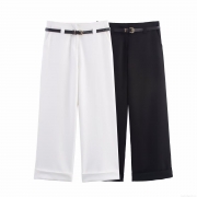 Elegant Women's High Waist Wide Leg Pants With Black Leather Belt Cuffed Hem Office Work Polyester Trousers Casual Straight Leg Bottoms