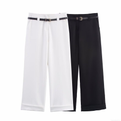 Elegant Women's High Waist Wide Leg Pants With Black Leather Belt Cuffed Hem Office Work Polyester Trousers Casual Straight Leg Bottoms
