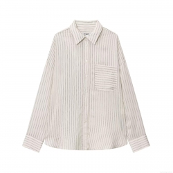 Women's Casual Striped Long Sleeve Shirt Polyester Lapel Button Down Blouse With Chest Pocket For Daily Commute Fashion Striped Top