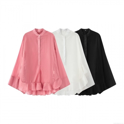 Women Elegant Ruffle Hem Blouse Polyester Stand Collar Batwing Long Sleeve Shirt Casual Solid Color Loose Fit Tops For Women Daily Dating Office Wear