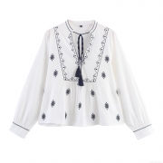 Women's Bohemian Embroidered Blouse Retro V-Neck Tassel Lacing Long Sleeve Cotton Blend Casual Ethnic Style Top Shirt For Ladies