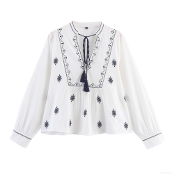 Women's Bohemian Embroidered Blouse Retro V-Neck Tassel Lacing Long Sleeve Cotton Blend Casual Ethnic Style Top Shirt For Ladies