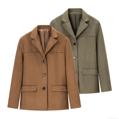 Women's Faux Suede Blazer Casual Loose Long Sleeve Lapel Jacket With Pockets Solid Color Single Breasted Outerwear For Office Lady Autumn Winter